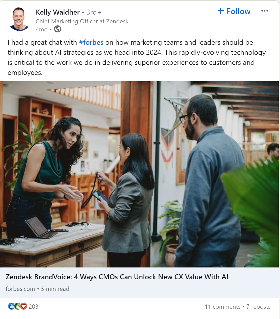 Zendesk CMO shares Forbes interview post about AI