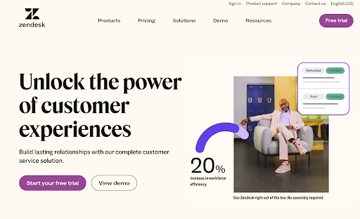 Screenshot of the Zendesk homepage