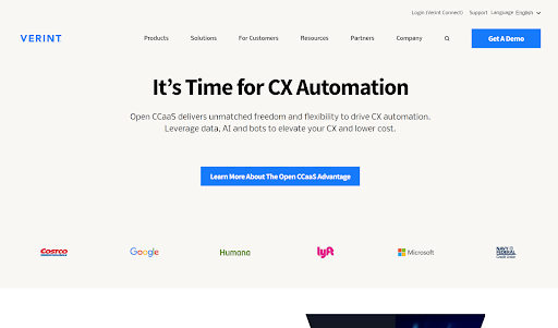 Screenshot of the Verint homepage